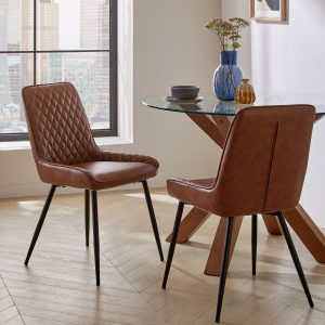 DESTINY273|Faux Leather Tan Brown Black Leg Quilted Dining Chairs