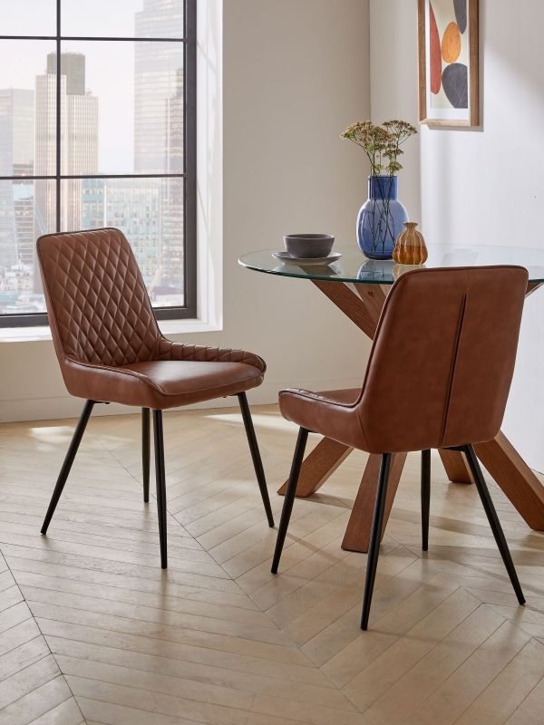 DESTINY273|Faux Leather Tan Brown Black Leg Quilted Dining Chairs