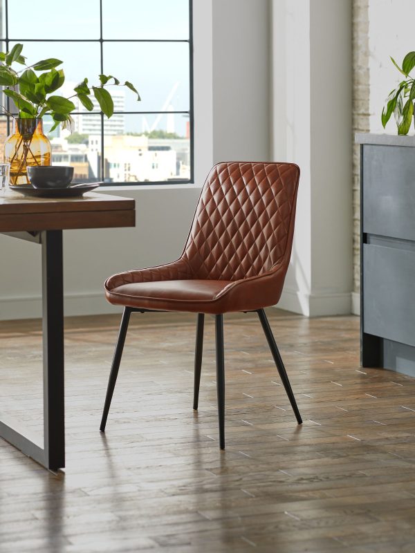 DESTINY273|Faux Leather Tan Brown Black Leg Quilted Dining Chairs - Image 2