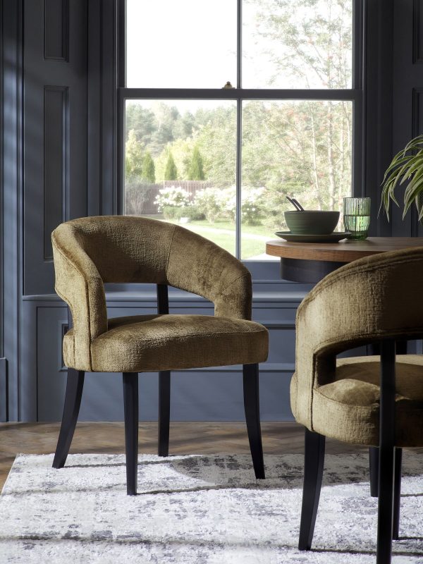 DESTINY280|Plush Chenille Moss Green Remi Black Leg Dining Chairs