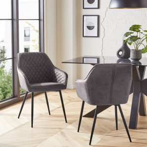 DESTINY275|Faux Leather Dark Grey Black Leg Quilted Dining Chairs