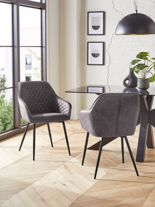 DESTINY275|Faux Leather Dark Grey Black Leg Quilted Dining Chairs
