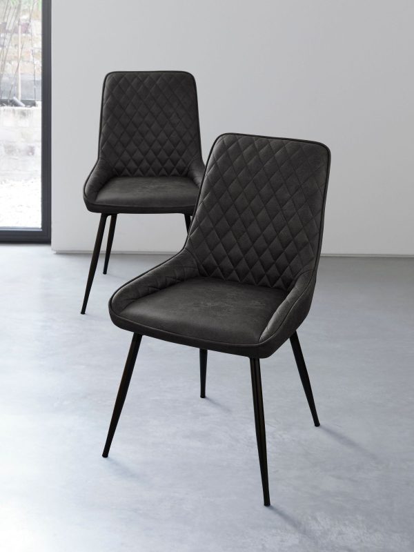 DESTINY271|Faux Leather Dark Grey Black Leg Quilted Dining Chairs