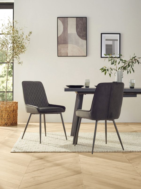 DESTINY271|Faux Leather Dark Grey Black Leg Quilted Dining Chairs - Image 2