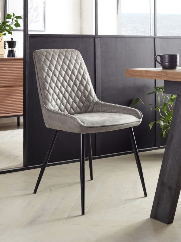 DESTINY279|Faux Leather Light Grey Black Leg Quilted Dining Chairs