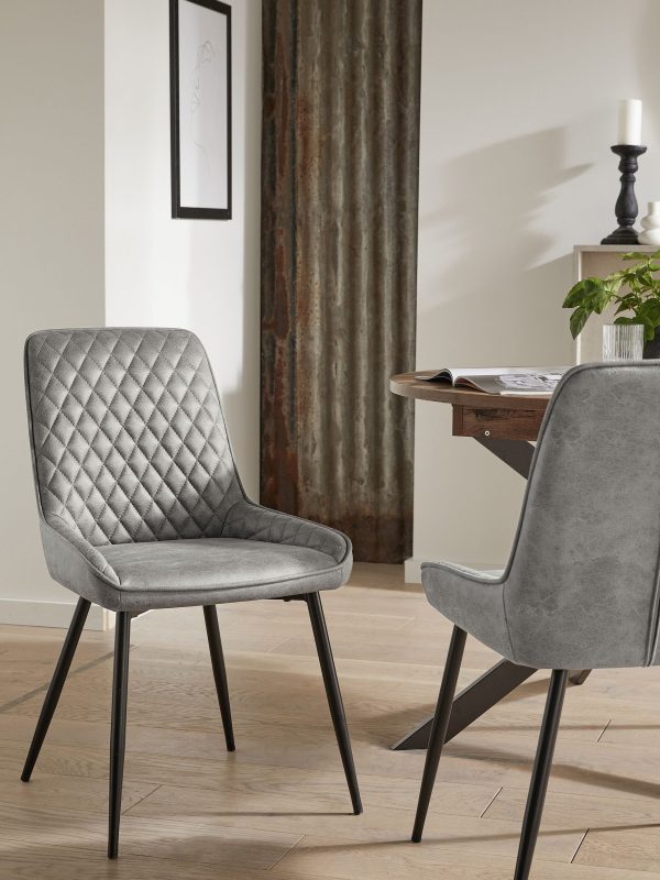 DESTINY279|Faux Leather Light Grey Black Leg Quilted Dining Chairs - Image 2